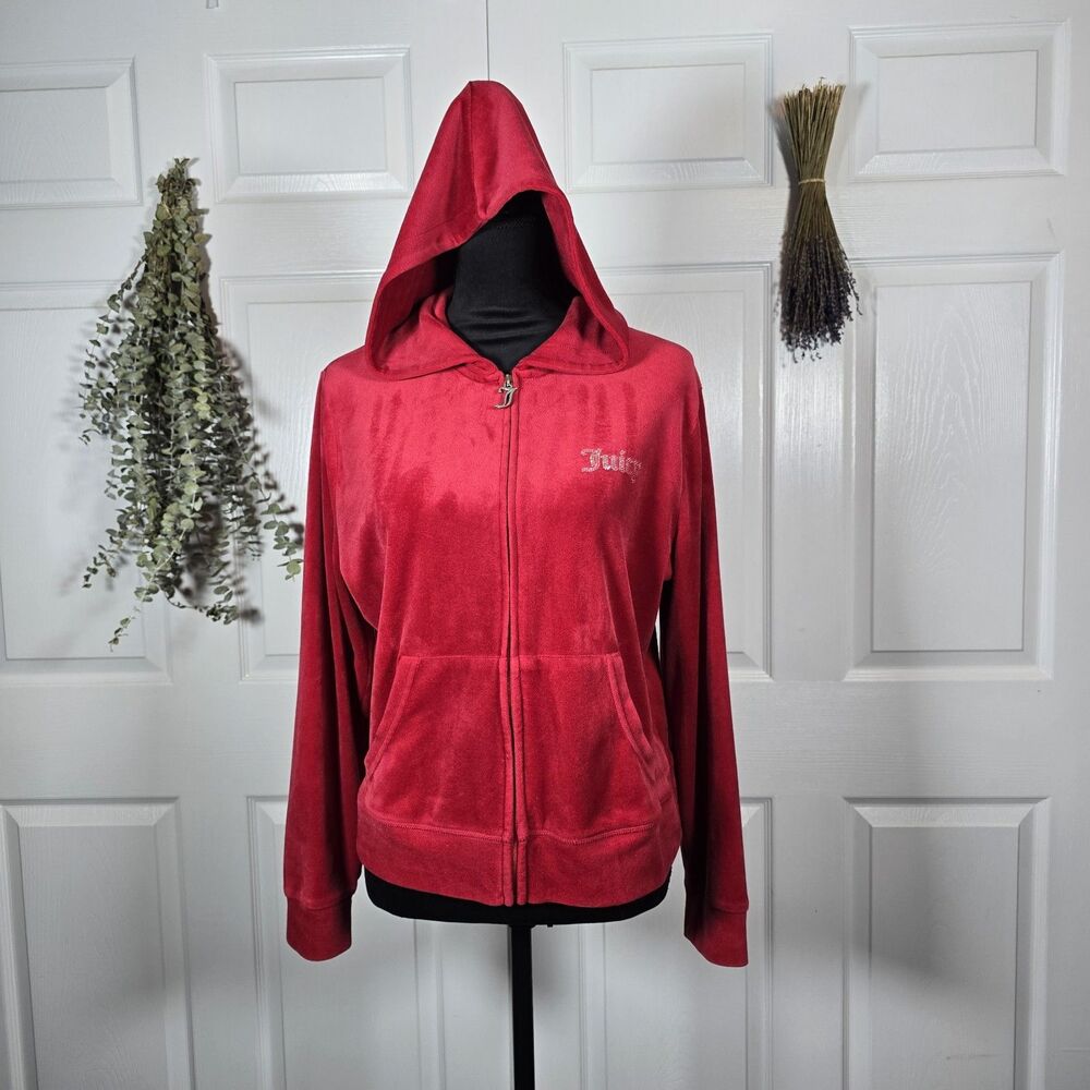 Red Velour Bling Logo Full Zip Hoodie Juicy Couture Size Large Y2K